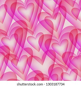 Seamless pattern with transparent elements in the form of hearts are superimposed on each other, creating watercolor effect. Festive packaging for Valentine's Day. Mother's day, March 8th, birthday.