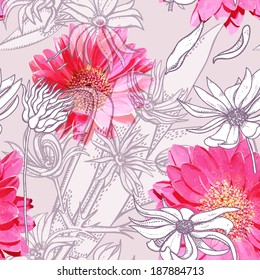 Seamless pattern with transparent flowers and plants realistic style line art