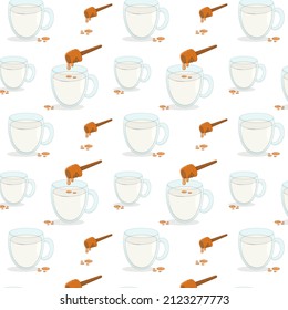 seamless pattern of a transparent glass of cold fresh milk with honey