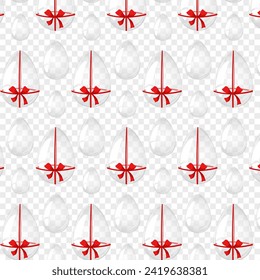 Seamless pattern transparent glass eggs and eggs with bow. For postcard, card, invitation, poster, banner template lettering typography. Vector illustration.