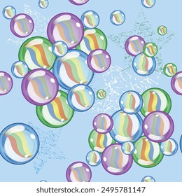 Seamless pattern of transparent glass marble beads. Soft colors and glass images. Pattern for cute kids.