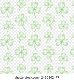 Seamless pattern transparent green clover leaf. St Patrick's Day symbol, Irish lucky shamrock. Endless repeated backdrop, texture, wallpaper.