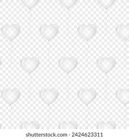 Nahtloses Muster transparenter Herzen Ballon. Valentinstag. Seifenblase, Kristallglasherz. Ideal für Valentins- und Muttertagskarten, Hochzeitseinladungen, Partyplakate und Flyer. 