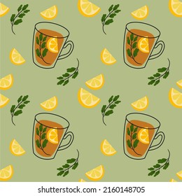 Seamless pattern with transparent mugs with tea, lemons and tea leaves. Flat design, cartoon style, vector illustration.