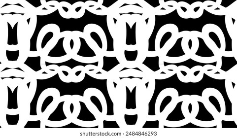 Seamless pattern of transparent stripes or ribbons woven into floral or cartoon patterns. Black background. Stencil. Vector.