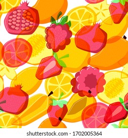Seamless pattern with transparent  summer fruits. Mango, melon, lemon, pomegranate, strawberry, raspberries on white background