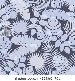 Seamless pattern with transparent tropical leaves on dark gray background. Many chaotic different palm and monstera leaves, overlay effect. Monochrome vector print for summer beach fabric design.