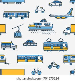 Seamless pattern with transport of different types on white background.  
Vector illustration in line art style for website backdrop, advertisement.