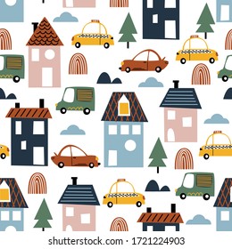 seamless pattern with transport and houses - vector illustration, eps