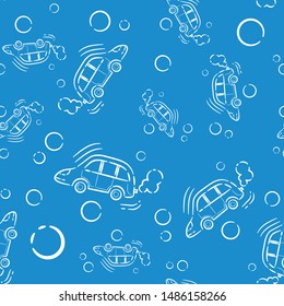 Seamless pattern with transport on a blue background. Vector illustration with a machine in motions. Outline drawing. Personal transport. Car with exhaust gas from the pipe. Greeting card for children