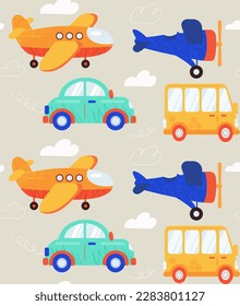 Seamless pattern with transport. Repeating design element for printing on fabric. Yellow buses, pink cars and blue planes against sky and clouds. Travel and trip. Cartoon flat vector illustration
