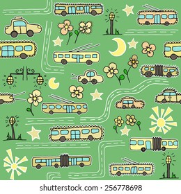 Seamless pattern with transport, roads, flowers and streets. Can be used as a background of website, textiles or other 