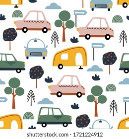seamless pattern with transport and trees - vector illustration, eps