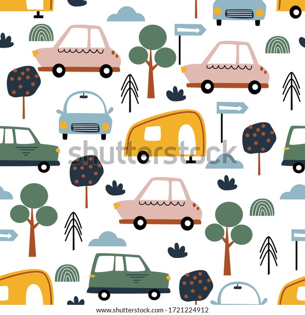 seamless pattern with transport and trees - vector illustration, eps