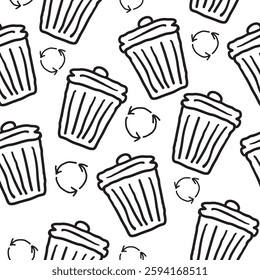 Seamless pattern with trash can and recycle symbol in hand drawn style.Element for decoration design mail posts postcards poster print invitation background backdrop wrapping wallpaper banner textile