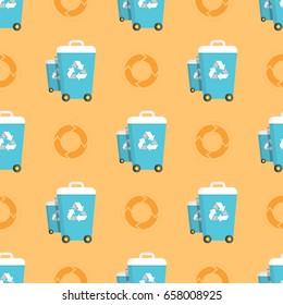 Seamless pattern with trash cans and recycling circles graphics of recycled waste process vector illustration. Clean environment protection concept wallpaper design
