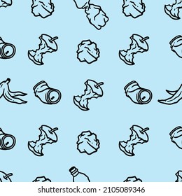 seamless pattern of trash elements on light blue background