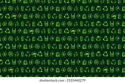 Seamless pattern trash garbage related. Background on a black green Include of lamp, bag and glass bottle. Vector illustration of eco Icons. Trash garbage green related logo seamless pattern.