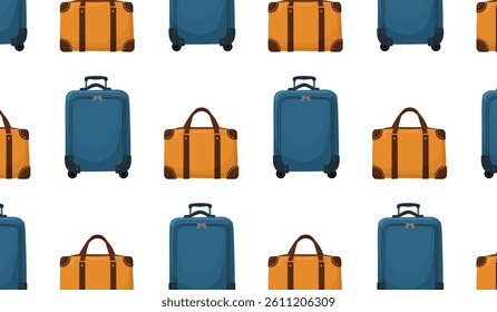 Seamless pattern with travel bags. Background with brown Travel suitcase and blue wheeled bag with handle. Print Vector flat illustration with luggage. Carry-on baggage. EPS 10