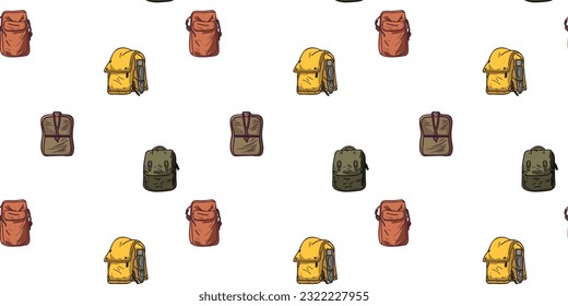 Seamless pattern with travel bags. Cartoon backpack and bags. Backpack for camping and hiking. Travel luggage. Travelers luggage, vector illustration isolated on white background