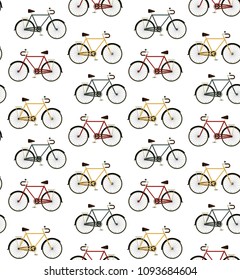 A seamless pattern of travel with Bicycle, trip, trekking, plein air. Bicycle day, ecology, nature protection, cycling, health, sports, travel. Vintage Retro Bicycle Vector Pattern Color.