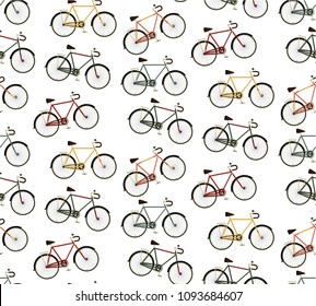 A seamless pattern of travel with Bicycle, trip, trekking, plein air. Bicycle day, ecology, nature protection, cycling, health, sports, travel. Vintage Retro Bicycle Vector Pattern Color.