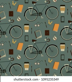 A seamless pattern of travel with Bicycle, trip, plein air. Bicycle, ecology, nature protection, cycling, health, sports, travel. Vintage Retro Bicycle. Notebook, coffee, phone, keys, book. Vector