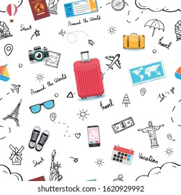 Seamless pattern travel or business trip. doodle hand draw traveler with Top world famous landmark. plane check in point travel accessories around the world concept on Background Design. 