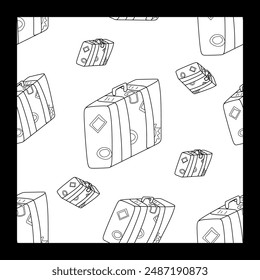 Seamless pattern travel or business trip. Vector illustration Background with Handle Suitcase with Airport Stickers. Linear Template for Vacation T-shirt, Textile, Printed Fabric, Wrapping paper.