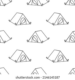 Seamless pattern with travel camping tent hand drawn doodle outline vector