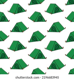Seamless pattern with travel camping tent doodle outline vector