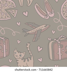 Seamless pattern of travel with a cat, a suitcase and a pizza.