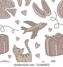 Seamless pattern of travel with a cat, a suitcase and a pizza.