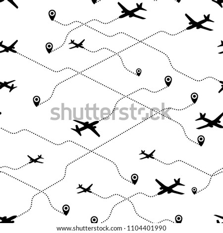 Seamless pattern travel concept. Airplane routes abstract for your design. Travel and tourism seamless background with dotted airplane routes. Vector illustration. Isolated on blue background