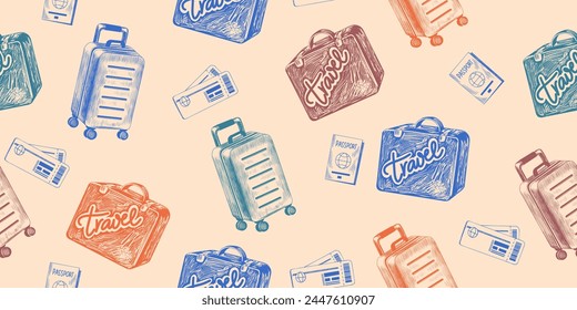 Seamless pattern with travel design elements. Background with vintage travel suitcase, luggage, passport, tickets. Sketch style travel bags. Engraved illustration of travel items