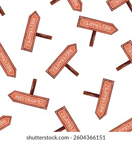 Seamless pattern with travel direction signs in hand drawn sketch vintage style, red color
