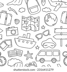 Seamless pattern of travel doodle. Summer vacation, tourism elements in sketch style: bag, ticket, transport, camera, map. Summer Adventure. Hand drawn vector illustration.