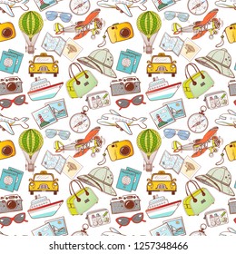 Seamless pattern with travel doodles. Can be used for wallpaper, pattern fills, textile, web page background, surface textures