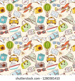 Seamless pattern with travel doodles. Can be used for wallpaper, pattern fills, textile, web page background, surface textures