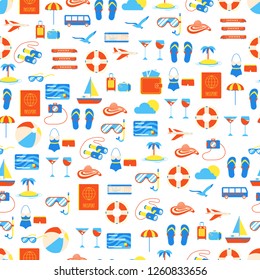 Seamless pattern with travel elements icons signs. Time to travel and adventures! Holiday vacations, summer trip. Suitcase, airplane, hat, beach ball, passport, island, compass, seagull, slippers.