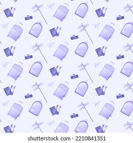 Seamless pattern with travel elements like a suitcase, camera or ticket on purple background for poster, banner, wallpaper. Wrapping Paper Pattern, scrapbook patterns, textile and other design