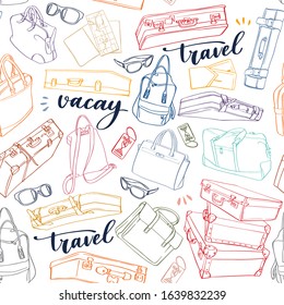 Seamless pattern travel elements and luggage. Vector line art background with suitcases, bags, backpacks, sunglasses and tags on white background.