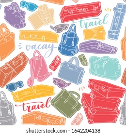 Seamless pattern travel elements and luggage. Vector background colorful with suitcases, bags, backpacks, sunglasses and tags on white background. 