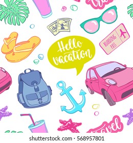 Seamless pattern travel elements in patch style. Vector background with stickers, pins, patches in cartoon comic style on white background. 