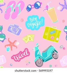 Seamless pattern travel elements in patch style. Vector background with stickers, pins, patches in cartoon comic style on light background. 