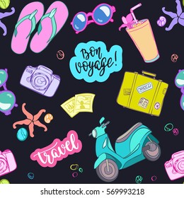 Seamless pattern travel elements in patch style. Vector background with stickers, pins, patches in cartoon comic style on black background. 