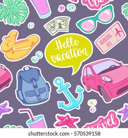 Seamless pattern travel elements in patch style. Vector background with stickers, pins, patches in cartoon comic style on gray background. 