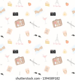 Seamless pattern with a lot of travel elements such as The Eiffel Tower, sunglasses, coffee, plane, camera, map, passport, suitcase. Hand drawn Fashion print design, vector illustration.