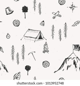 Seamless pattern with travel elements, tent and mountain. Vector illustration