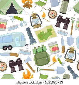Seamless pattern of travel equipment. Accessories for camping and camps. Colorful cartoon illustration of camping and tourism equipment. Vector